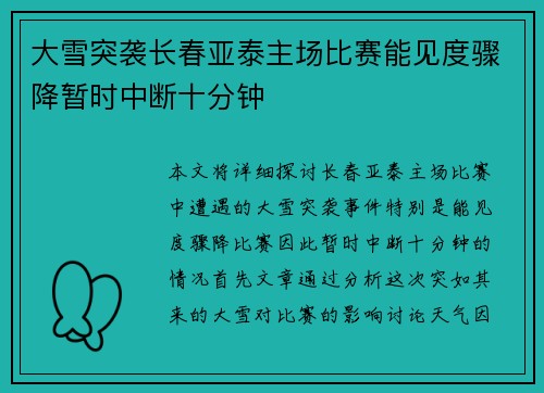 大雪突袭长春亚泰主场比赛能见度骤降暂时中断十分钟